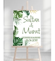Söz Nişan Düğün İçin 50x70 Karşılama Panosu - Yeşil Yaprak Tasarımlı