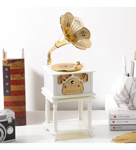 Nostaljik Sehpalı Ahşap Görünümlü Gramofon Müzik Kutusu (Beyaz)