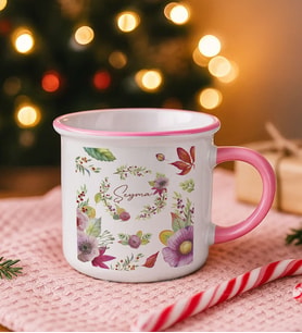 BK Gift Kişiye Özel Çiçek Tasarımlı Pembe Emaye Kupa Bardak -1, Arkadaşa Hediye, Sevgiliye Hediye