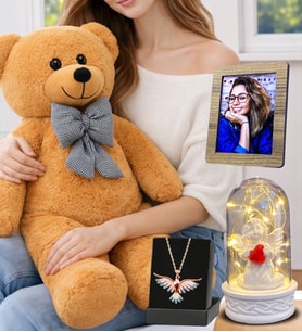 Size Özel Muhteşem Set Kahve Peluş Ayıcık, Renkli Anka Kuşu Kolye, Led Işıklı Fanus ve Fotoğraf (Model 3)