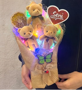 Renkli Led Işıklı Özel Tasarım Peluş Ayıcık Buketi Büyük Boy