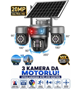 RX99 3 Kameralı Optik Zoom 4G Sim Kartlı Solar Güvenlik Kamerası Dış Mekan Gece Görüş Güneş Panelli