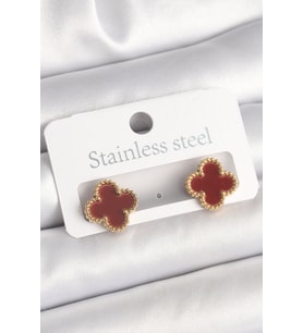 Pirinç Gold Renk Bordo Yonca Model Kadın Küpe - TJ-BKP10360
