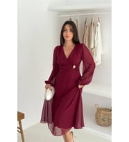 Neşeli butik kadın bordo astarlı tokalı şifon elbise NBK30281