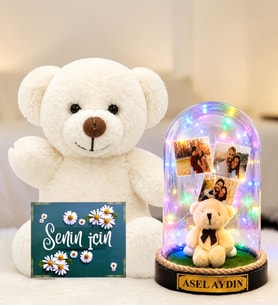Kişiye Özel Yazılı 3 Fotoğraflı Renkli LED Işıklı Fanus(peluş ayıcıklı) ve Beyaz Peluş Ayıcık Sevgiliye Hediye Kadına Hediye