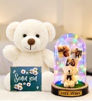 Kişiye Özel Yazılı 3 Fotoğraflı Renkli LED Işıklı Fanus(peluş ayıcıklı) ve Beyaz Peluş Ayıcık Sevgiliye Hediye Kadına Hediye