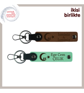 Anne İçin Çocuk Ve Ayyıldız Desenli, İsim Soyisim Yazılabilen 2’li Anahtarlık, Açık Kahve-Yeşil