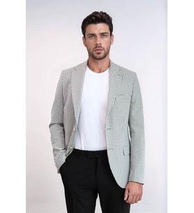 Açık Gri Kazayağı Desenli Gold Renk Metal Düğmeli Slim Fit Erkek Blazer Ceket - Wessi
