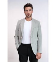 Açık Gri Kazayağı Desenli Gold Renk Metal Düğmeli Slim Fit Erkek Blazer Ceket - Wessi