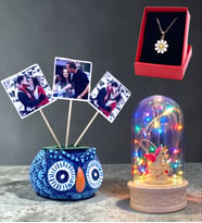 Renkli Işıklı Fanus, 3 Fotoğraflı Baykuş ve Tasarım Kolye Seti (Model 1)