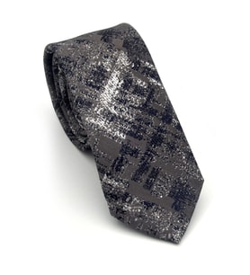 Lacivert Desenli Gri Dokuma Kumaş Mendilli Slim Fit Kravat // SDK-2608-3