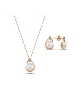 Damla Doğal İnci Küpe Kolye İkili Set (Rose)
