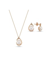 Damla Doğal İnci Küpe Kolye İkili Set (Rose)