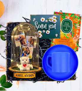 İsimli, 3 Fotoğraflı ve Işıklı Fanus & Mavi Kahve Fincanı  Kişiye Özel Premium Set (Model 3)