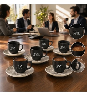 Logonuza Özel 6 Kişilik Black Magic Mat Siyah Fincan Takımı - 6 Fincan 6 Tabak Kurumsal Set