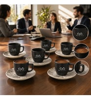 Logonuza Özel 6 Kişilik Black Magic Mat Siyah Fincan Takımı - 6 Fincan 6 Tabak Kurumsal Set