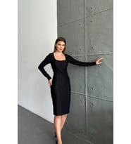 Nare Kare Yaka Siyah Pamuklu Ottoman Kumaş Midi Elbise