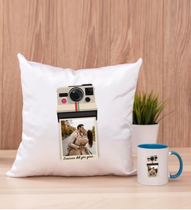 Kişye Özel Polaroid Tasarım Fotoğraflı Kare Yastık ve Mavi Kupa