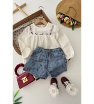 Miniğimin Cicileri Vintage Nakışlı Bluzlu Çiçek Desenli Denim Şortlu Kız Çocuk 2 li Takım - Mavi