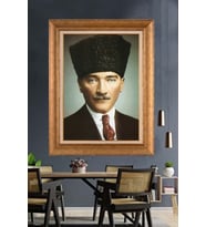 Altın Varaklı Çerçeveli Paspartulu Atatürk Tablo nh135 (Gold)
