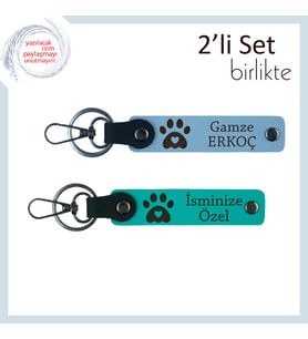 Kedi Sever Sevgilinle Paylaşılabilecek Anlamlı Tasarım, Kalpli Pati Deri Set, Gök Mavi-Koyu Turkuaz