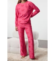 Tarz Rahat Uzun Kollu Boru Paça Kalpli Örme Pijama Takımı (Pembe)