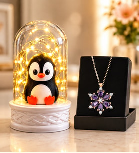 Led Işıklı Penguenli Fanus ve Gerçek Ametist Taşlı Lotus Kolye Sevgiliye Hediye Anneye Arkadaşa Hediye