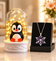 Led Işıklı Penguenli Fanus ve Gerçek Ametist Taşlı Lotus Kolye Sevgiliye Hediye Anneye Arkadaşa Hediye