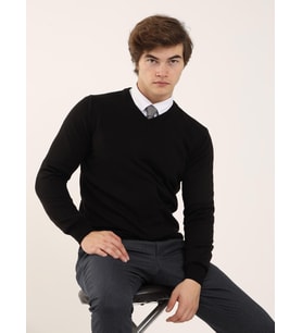 Siyah Erkek Slim Fit Düz Klasik V Yaka Triko