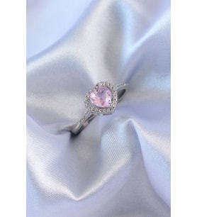 Gümüş Renk Pembe Zirkon Taşlı Kalp Charm Model Pirinç Kadın Yüzük 5886
