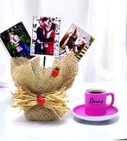 Kişiye Özel 3 Fotoğraflı Saksı & Kişiye Özel Renkli Kahve Fincanı HA3 (Pembe)
