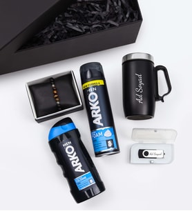 Kişiye Özel 32Gb Usb Bellek & Siyah Kulplu 280 ML Çelik Termos & Kaplan Gözü Bileklik & Arko Men Tıraş Köpüğü & Arko Men Tıraş Kolonyası Hediye Seti