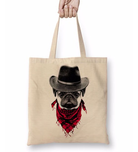 Kovboy Pug Köpek Bez Çanta Uzun Saplı