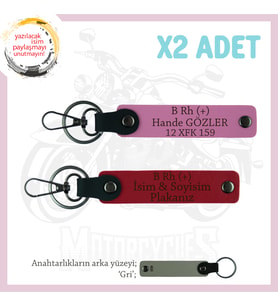 Motosiklet Aşıkları İçin, İsim Plaka ve B Rh (+) Kan Grubu Yazılı x2 Anahtarlık, Kırmızı-Pembe-Gr
