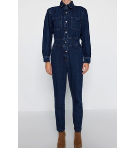 Kadın Moda Standart Kol Dar Paça Ceket Yaka Düz Desen Uzun Balon Kollu Denim Tulum (Lacivert)