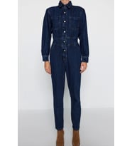 Kadın Moda Standart Kol Dar Paça Ceket Yaka Düz Desen Uzun Balon Kollu Denim Tulum (Lacivert)