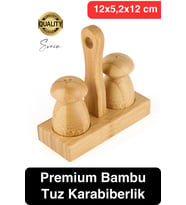 Özel Tasarım Standlı Bambu Tuzluk Karabiberlik 2'li Mantar Set Baharatlık Biberlik Antibakteriyel
