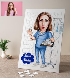Kadın Hemşire Karikatürlü Kişiye Özel Puzzle