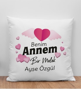 BK Gift Kişiye Özel Benim Annem Bir Melek Tasarımlı Beyaz Kırlent Yastık, Ev Hediyesi, Doğum Günü Hediyesi