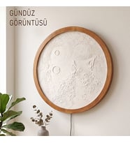 Naturel Ceviz Ahşap Çerçeveli El Yapımı Ay Tablo, Rgb LED Işıklı Bluetooth Kontrollü Duvar Dekoru