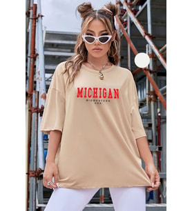 Unisex Michigan Baskılı T-shirt (Bej)