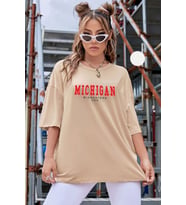 Unisex Michigan Baskılı T-shirt (Bej)