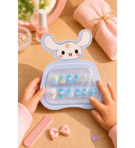 Sevimli Tavşan Cinnamoroll Desenli Mavi Genç Kız Çocuk Takma Tırnak Seti Sevimli Desenli Renkli Hazır Tırnak Aksesuarı - Ekru