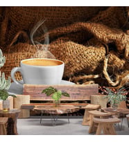 Fincan ve Kahve Çekirdeği Temalı Cafe Duvar Kağıdı Baskı