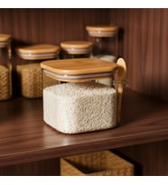 Lexroo 600 ml Bambu Kapaklı ve Kaşıklı Kare Cam Kavanoz, Vakumlu Ahşap Kapaklı Baharatlık