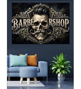 Sakallı Kurukafa Barber Shop Logosu Dekoratif Kanvas - Mdf Ahşap Tablo