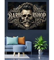 Sakallı Kurukafa Barber Shop Logosu Dekoratif Kanvas - Mdf Ahşap Tablo