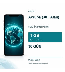Avrupa (30+ Alan) eSIM İnternet Paketi 1 GB 30 Gün