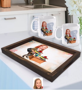 BK Gift Kişiye Özel Kadın Öğretmen Karikatürlü Doğal Ahşap Tepsi ve 2’li Kupa Bardak Seti-4
