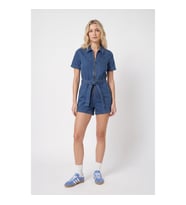 Kadın Kısa Kollu Fermuarlı Jean Tulum Şort